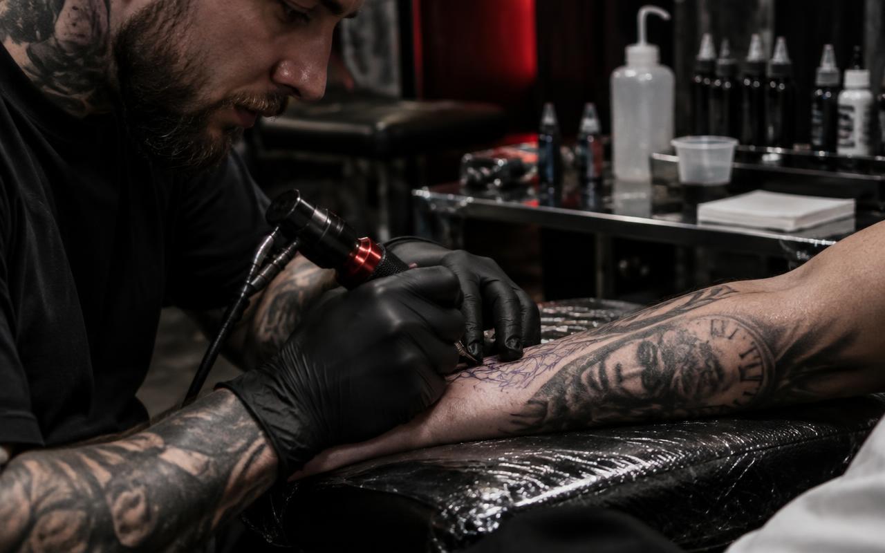Tattoo artist working with a tattoo machine